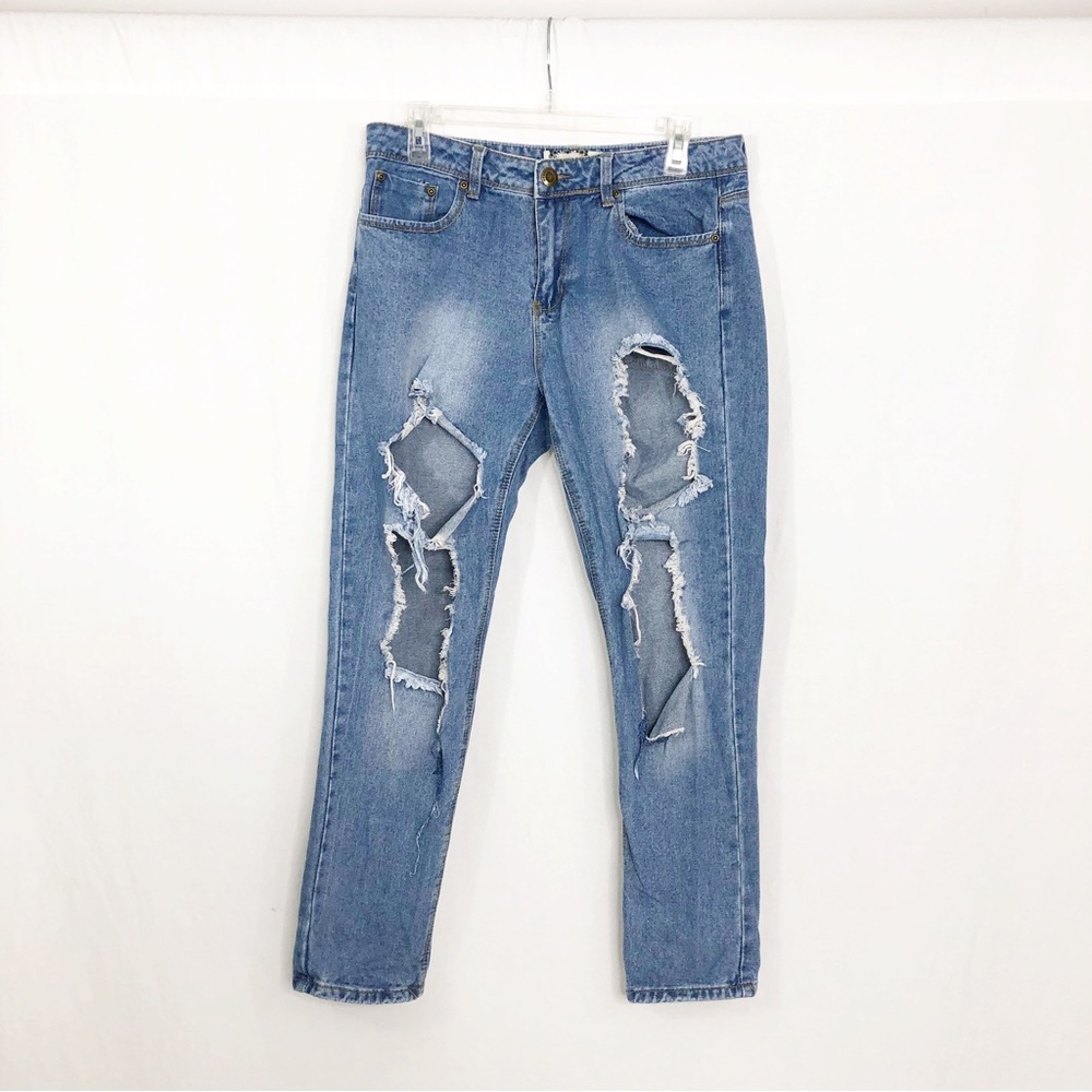 Boohoo Blown Out Distressed Straight Leg Jeans, Size 8, Blue